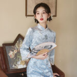 Autumn Models Classical Cheongsam Velvet Medium Sleeve Blue Slim Qipao Dresses