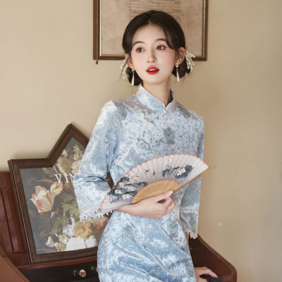 Autumn Models Classical Cheongsam Velvet Medium Sleeve Blue Slim Qipao Dresses