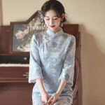 Autumn Models Classical Cheongsam Velvet Medium Sleeve Blue Slim Qipao Dresses