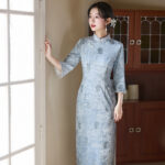 Autumn Models Classical Cheongsam Velvet Medium Sleeve Blue Slim Qipao Dresses