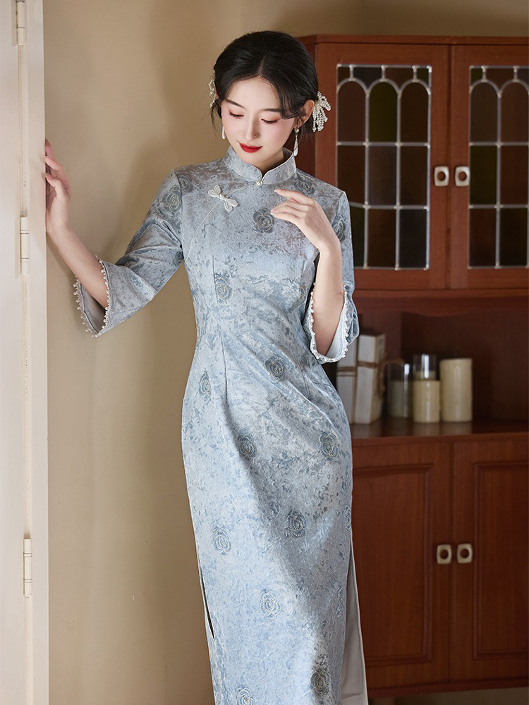 Autumn Models Classical Cheongsam Velvet Medium Sleeve Blue Slim Qipao Dresses