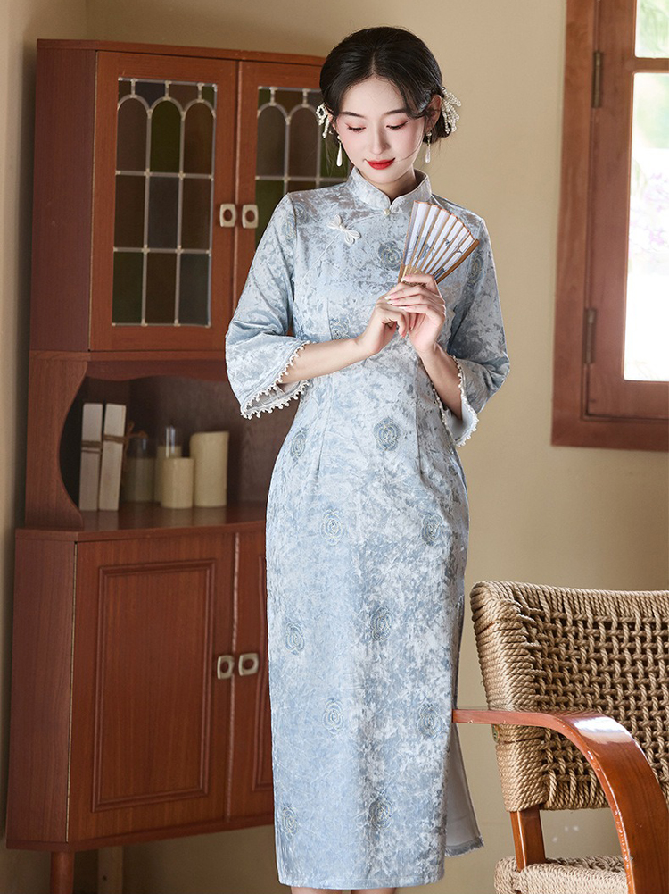 Autumn Models Classical Cheongsam Velvet Medium Sleeve Blue Slim Qipao Dresses