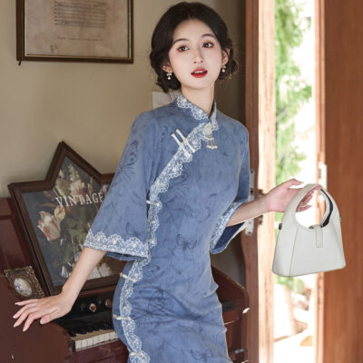 Blue Cheongsam Fall Suede Vintage Women Dresses