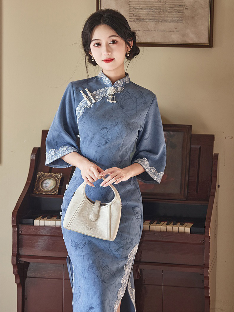 Blue Cheongsam Fall Suede Vintage Women Dresses