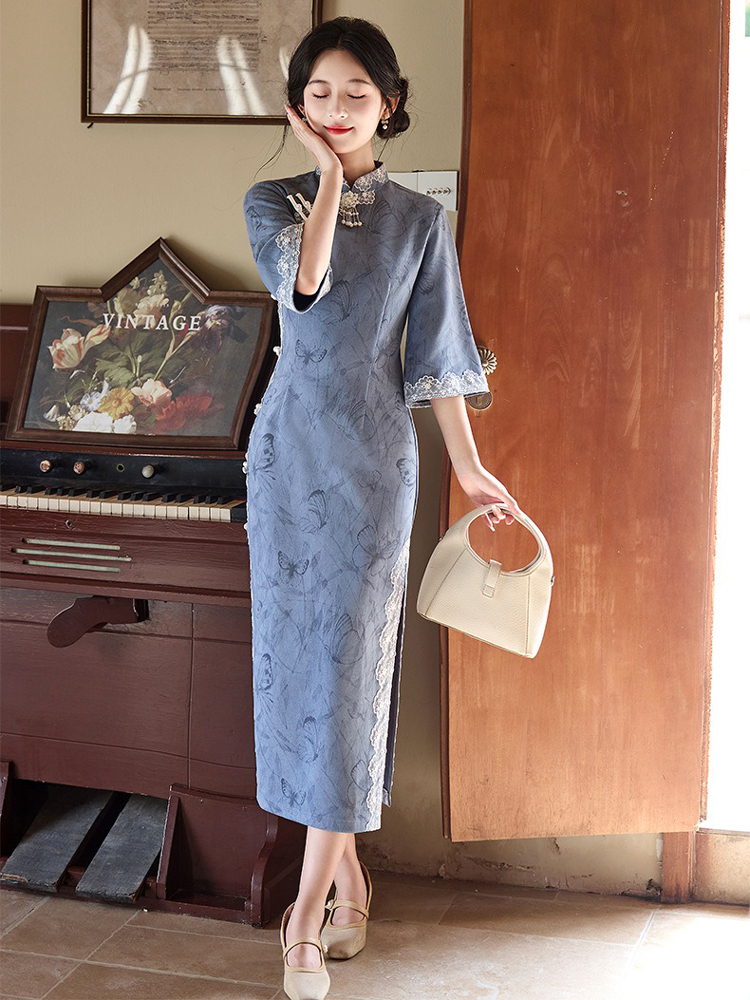 Blue Cheongsam Fall Suede Vintage Women Dresses