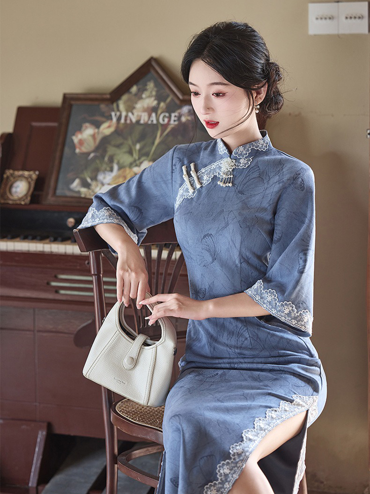 Blue Cheongsam Fall Suede Vintage Women Dresses