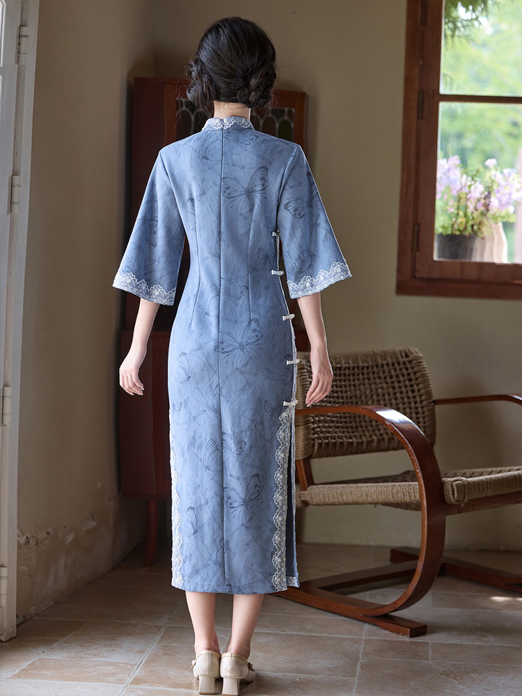 Blue Cheongsam Fall Suede Vintage Women Dresses