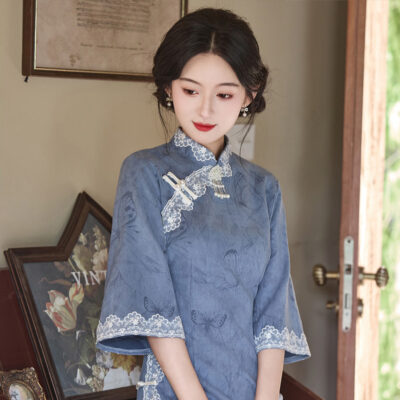 Blue Cheongsam Fall Suede Vintage Women Dresses