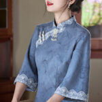 Blue Cheongsam Fall Suede Vintage Women Dresses
