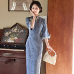 Blue Cheongsam Fall Suede Vintage Women Dresses