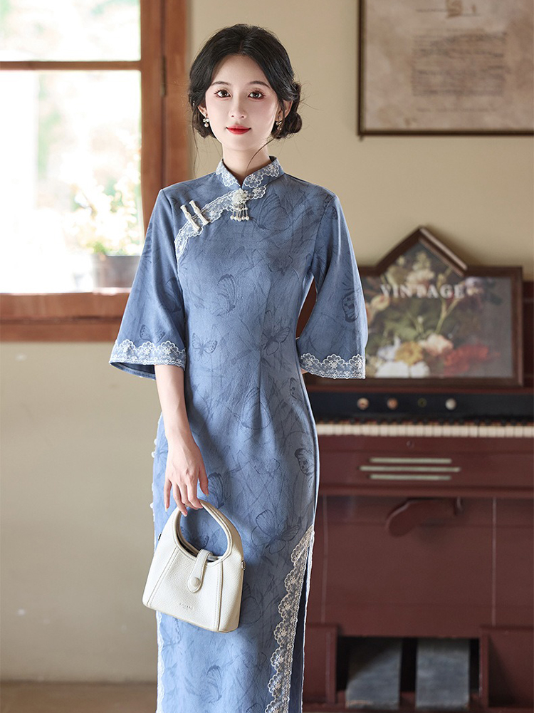 Blue Cheongsam Fall Suede Vintage Women Dresses