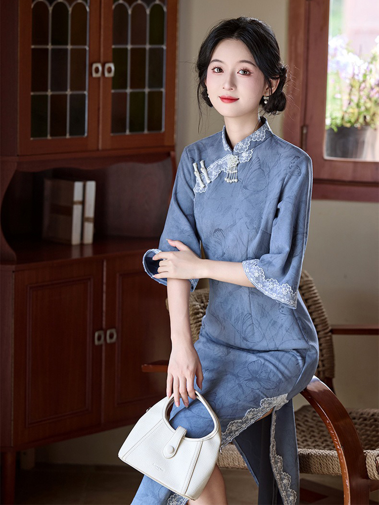 Blue Cheongsam Fall Suede Vintage Women Dresses