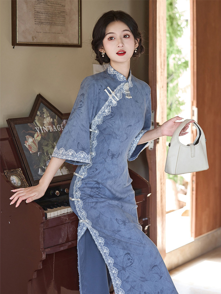 Blue Cheongsam Fall Suede Vintage Women Dresses