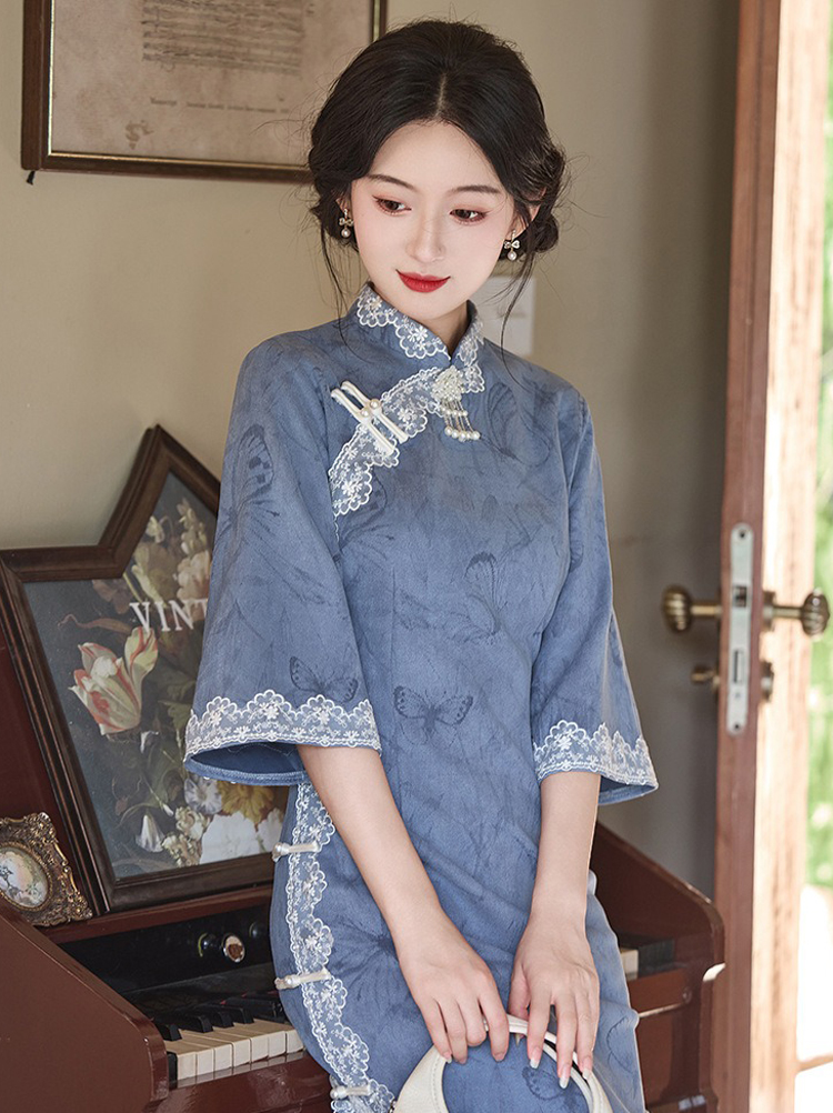 Blue Cheongsam Fall Suede Vintage Women Dresses