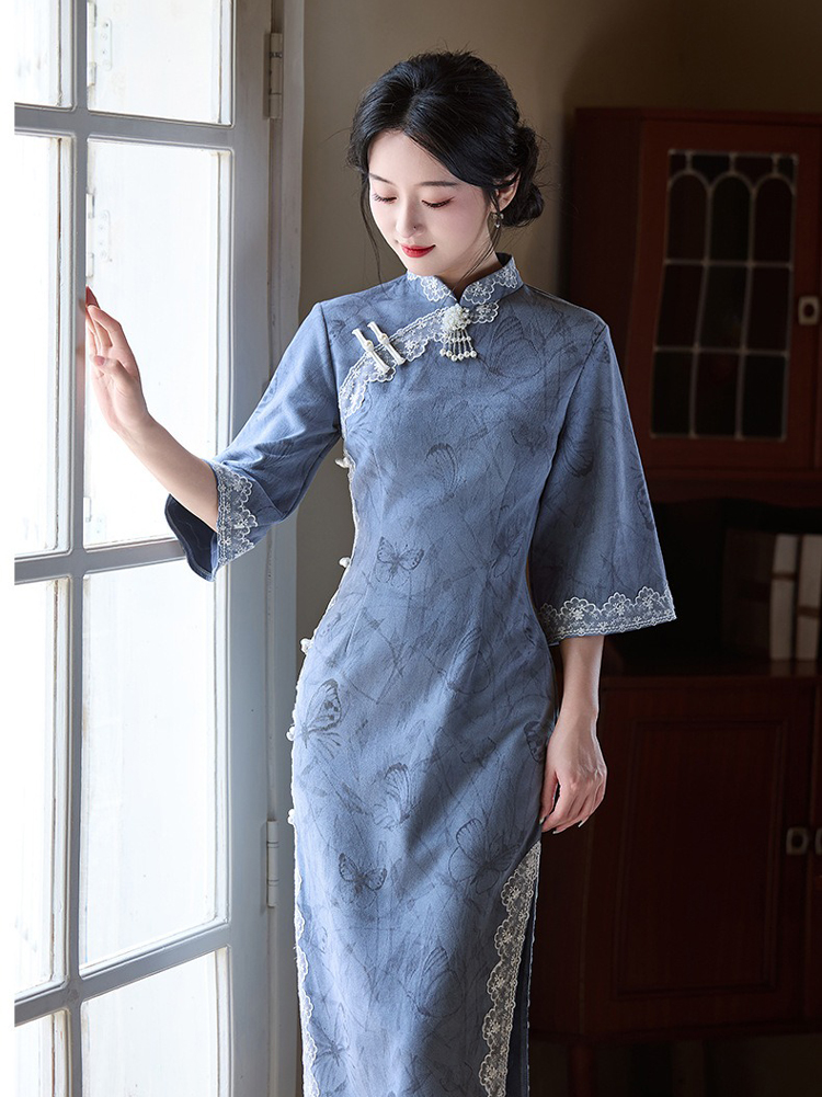 Blue Cheongsam Fall Suede Vintage Women Dresses