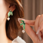 Female Niche Earrings Green Leaf Pearls Unique Ear Jewelry