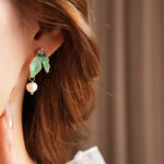 Female Niche Earrings Green Leaf Pearls Unique Ear Jewelry