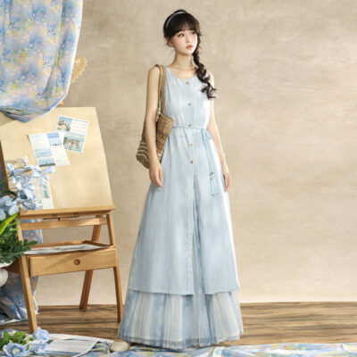 Ladies Summer Song Dynasty Style Sleeveless Square Neck Hanfu Elegant Suit
