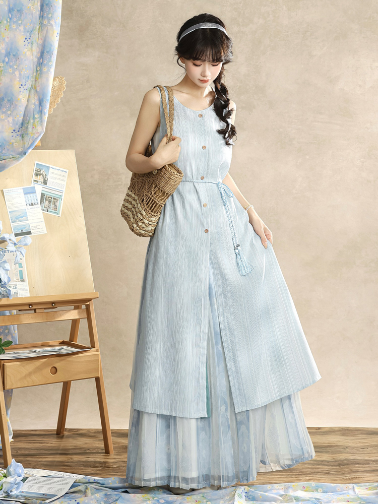 Ladies Summer Song Dynasty Style Sleeveless Square Neck Hanfu Elegant Suit
