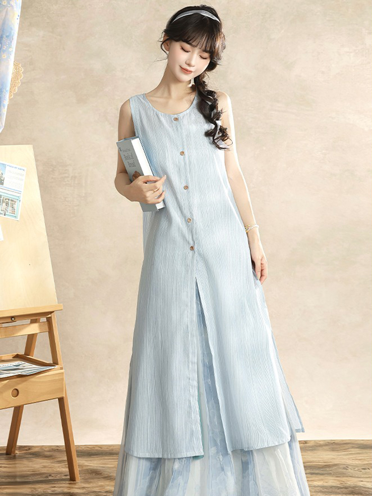 Ladies Summer Song Dynasty Style Sleeveless Square Neck Hanfu Elegant Suit