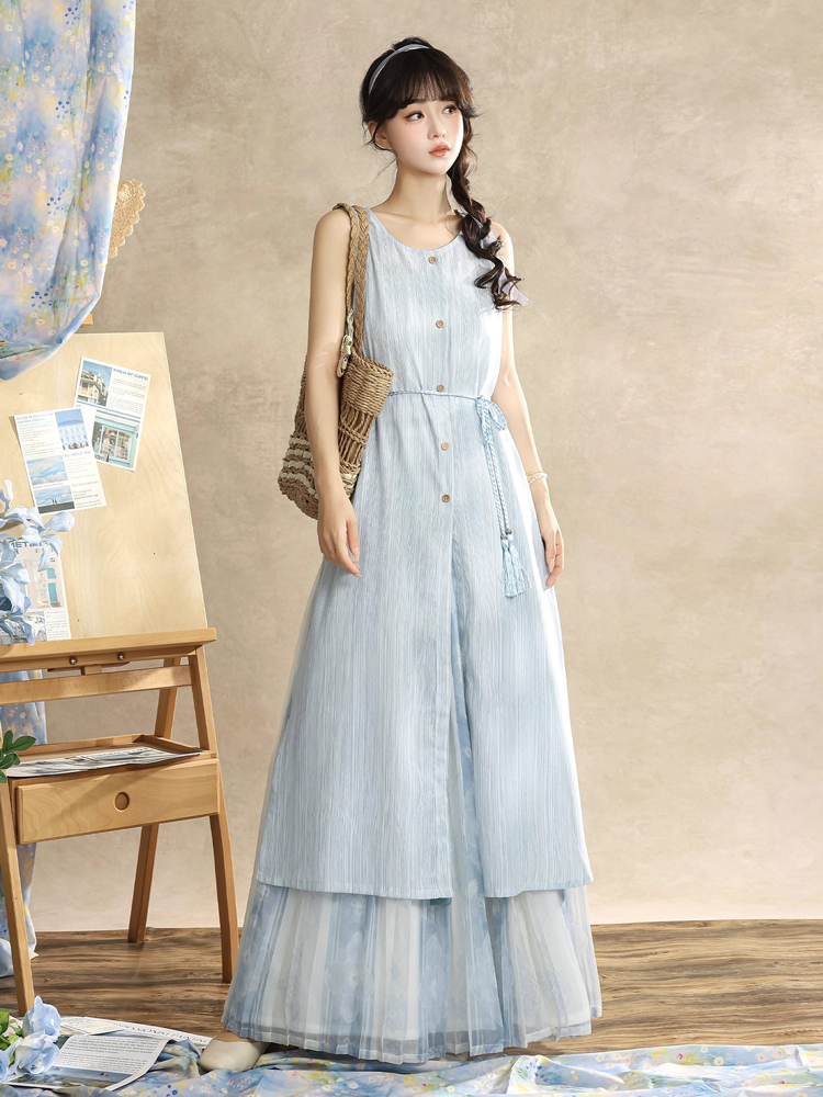 Ladies Summer Song Dynasty Style Sleeveless Square Neck Hanfu Elegant Suit