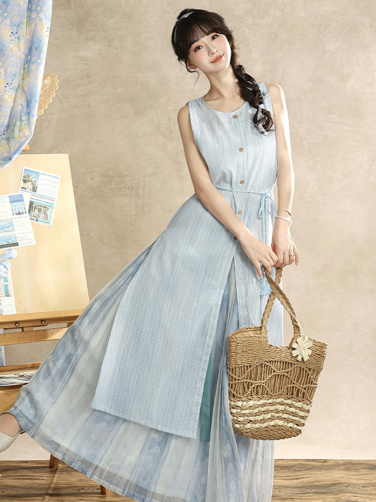 Ladies Summer Song Dynasty Style Sleeveless Square Neck Hanfu Elegant Suit
