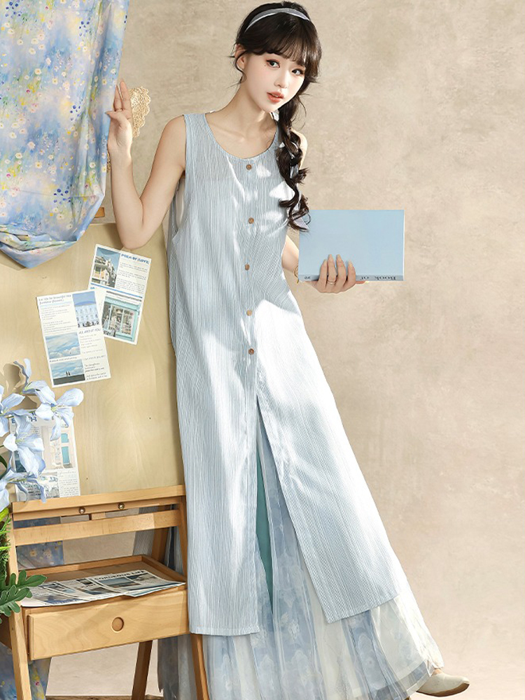 Ladies Summer Song Dynasty Style Sleeveless Square Neck Hanfu Elegant Suit