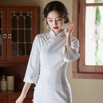 Light Blue Cheongsam New Elegant Slim Dresses Qipao for Female