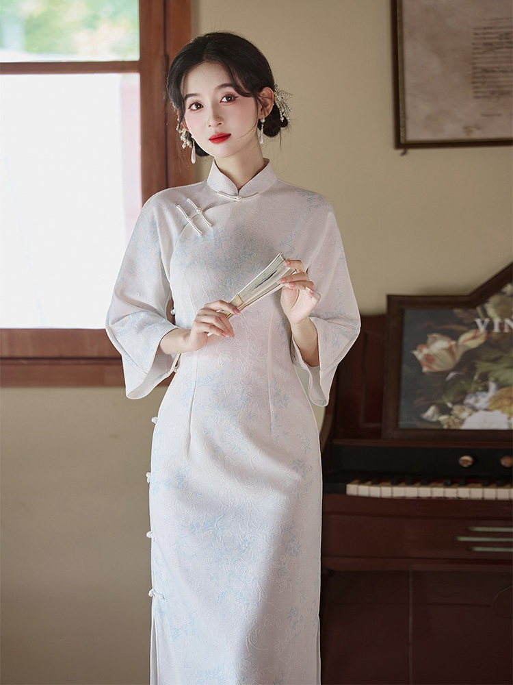 Light Blue Cheongsam New Elegant Slim Dresses Qipao for Female