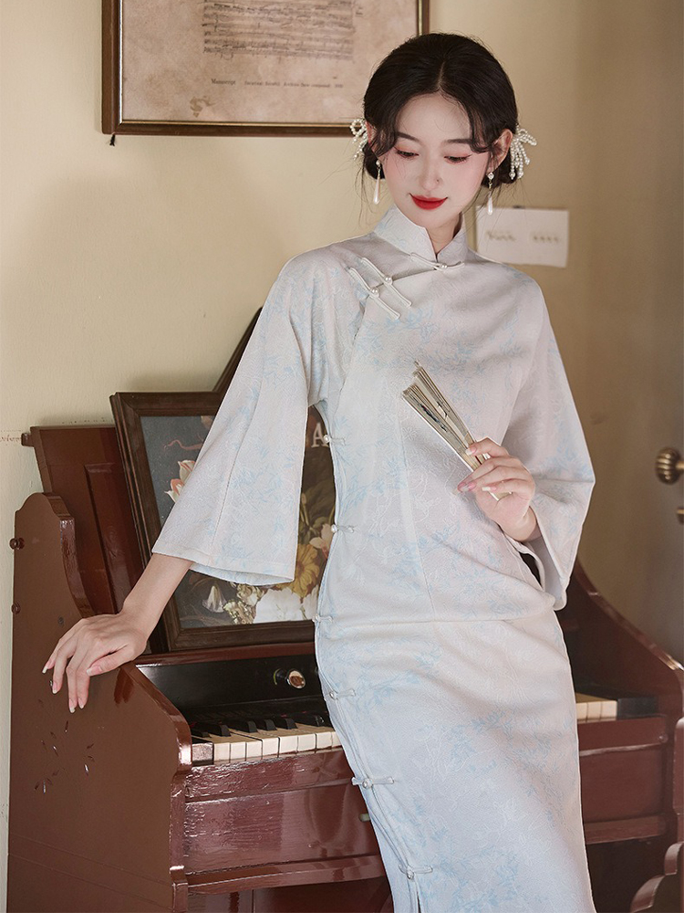 Light Blue Cheongsam New Elegant Slim Dresses Qipao for Female