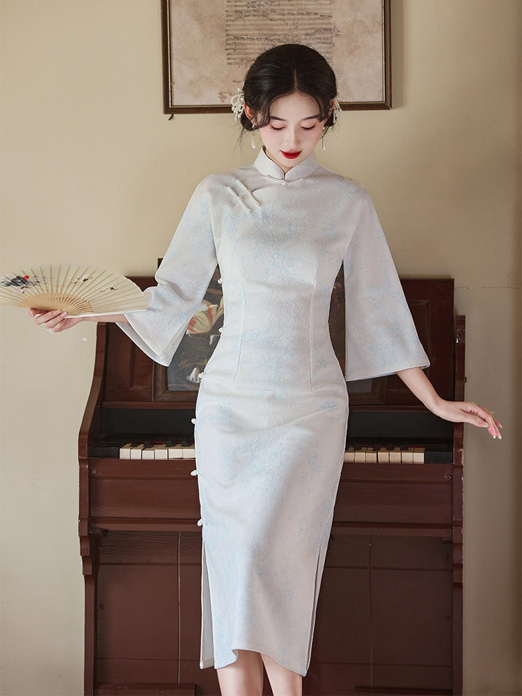 Light Blue Cheongsam New Elegant Slim Dresses Qipao for Female