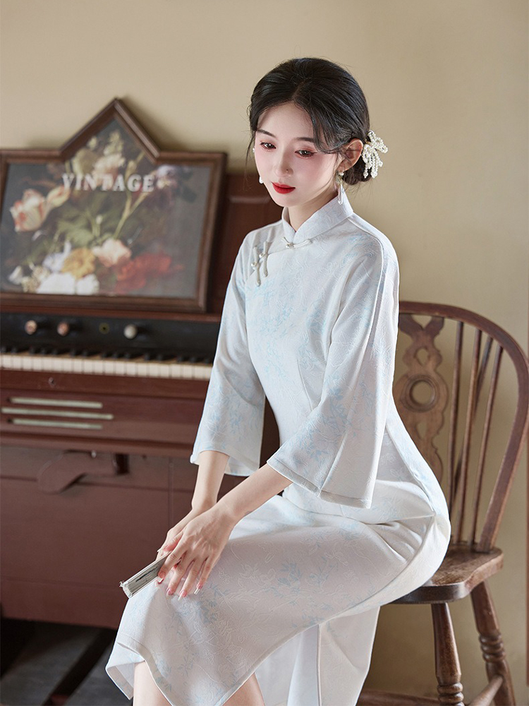 Light Blue Cheongsam New Elegant Slim Dresses Qipao for Female