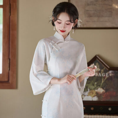 Light Blue Cheongsam New Elegant Slim Dresses Qipao for Female