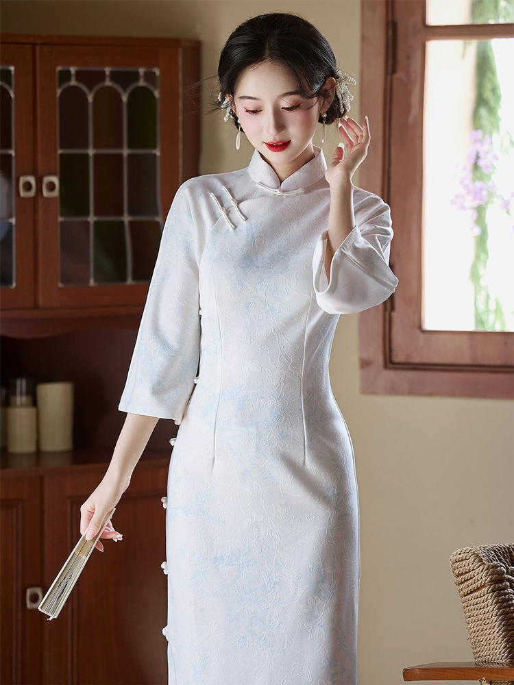Light Blue Cheongsam New Elegant Slim Dresses Qipao for Female