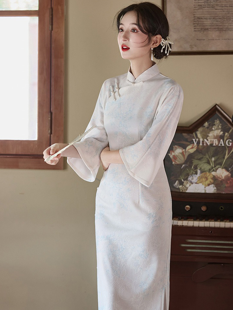 Light Blue Cheongsam New Elegant Slim Dresses Qipao for Female