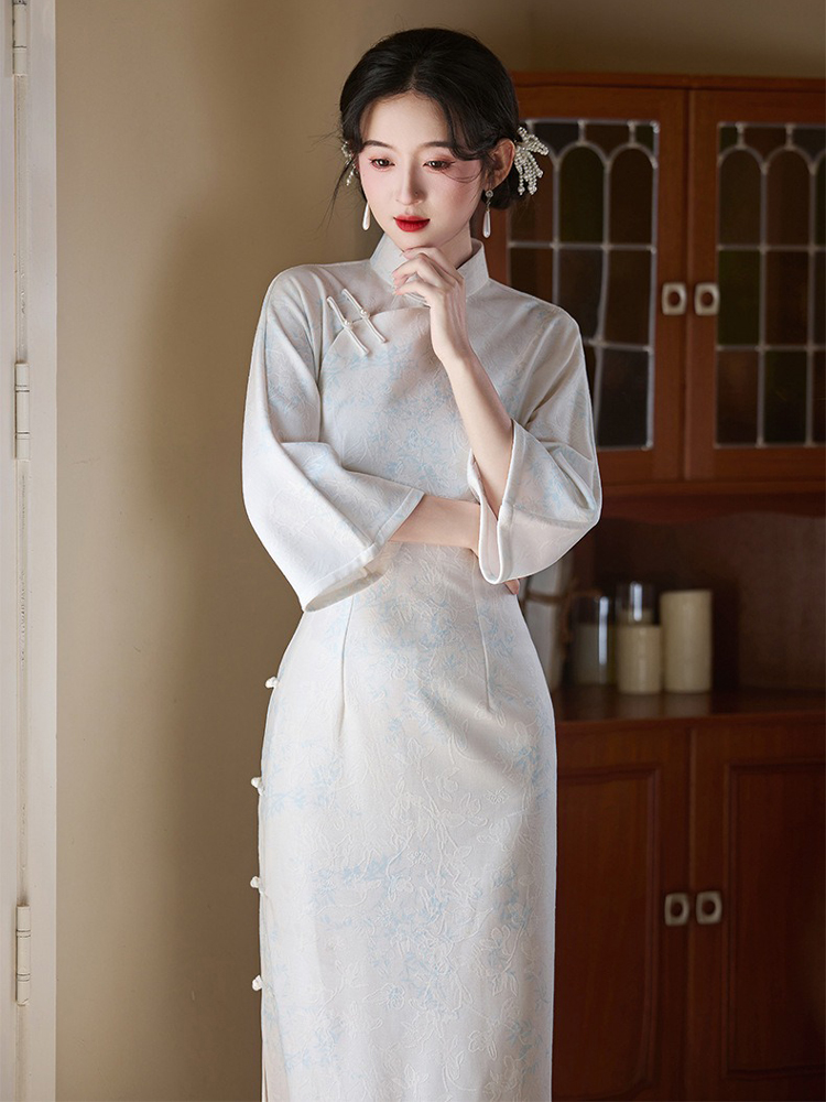 Light Blue Cheongsam New Elegant Slim Dresses Qipao for Female