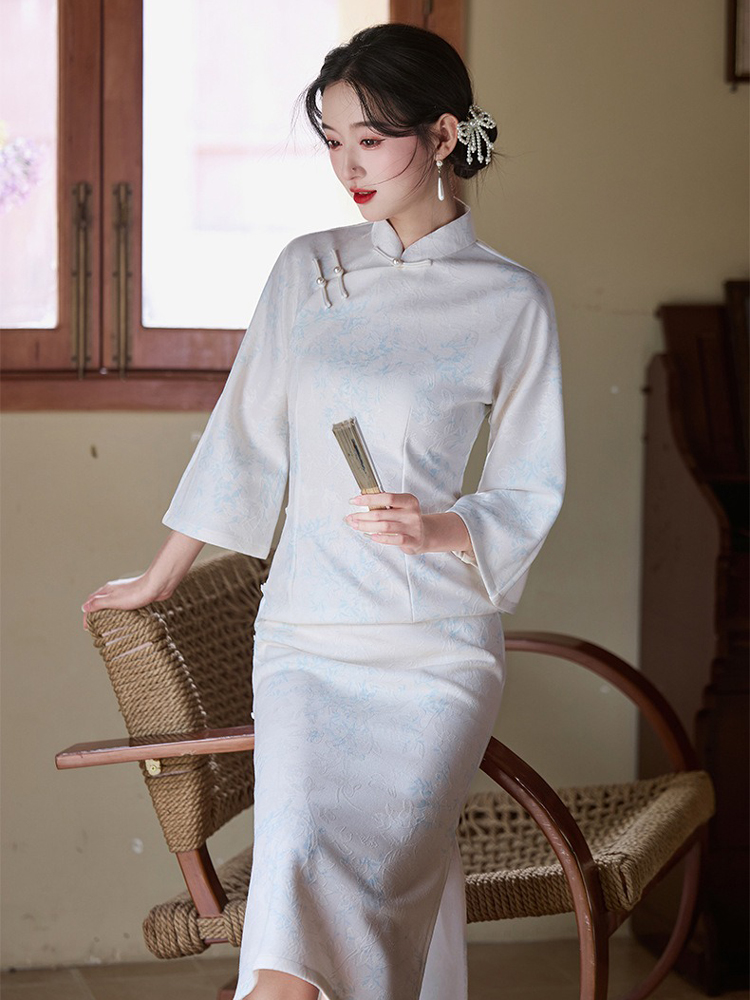 Light Blue Cheongsam New Elegant Slim Dresses Qipao for Female