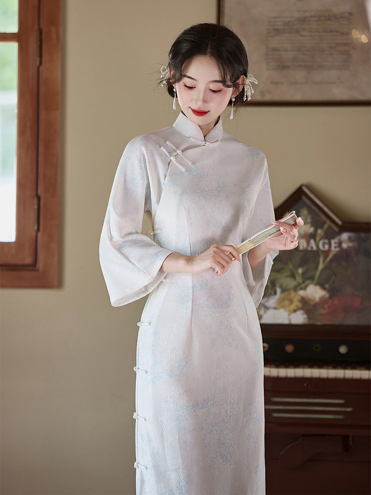 Light Blue Cheongsam New Elegant Slim Dresses Qipao for Female