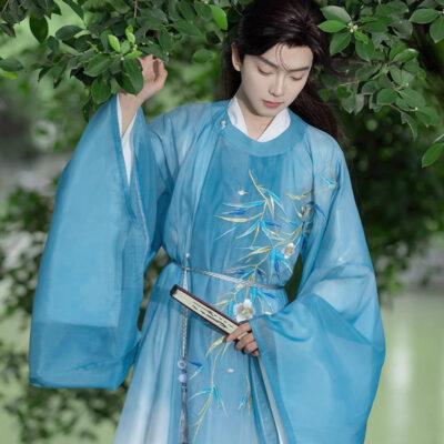 Men Autumn Tang Dynasty Round Collar Robe with Gradient Color Wuxia Style