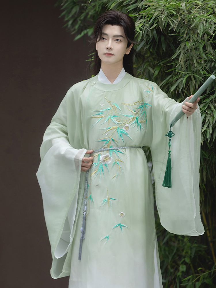Men Autumn Tang Dynasty Round Collar Robe with Gradient Color Wuxia Style