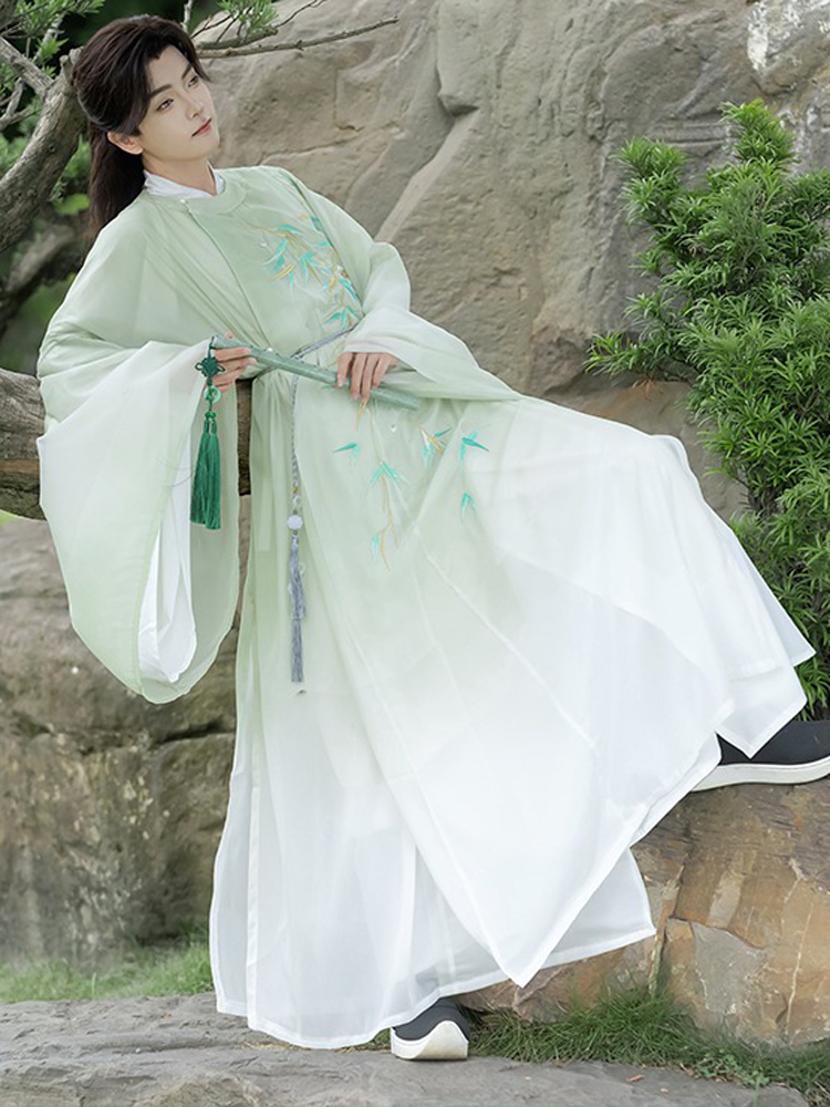 Men Autumn Tang Dynasty Round Collar Robe with Gradient Color Wuxia Style