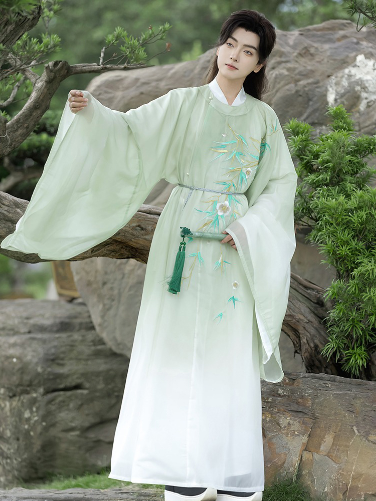 Men Autumn Tang Dynasty Round Collar Robe with Gradient Color Wuxia Style