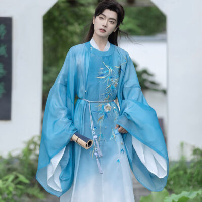 Men Autumn Tang Dynasty Round Collar Robe with Gradient Color Wuxia Style