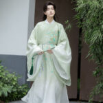 Men Autumn Tang Dynasty Round Collar Robe with Gradient Color Wuxia Style