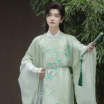 Men Autumn Tang Dynasty Round Collar Robe with Gradient Color Wuxia Style