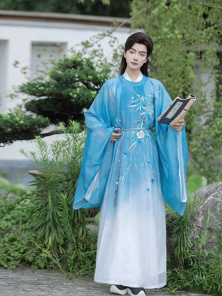 Men Autumn Tang Dynasty Round Collar Robe with Gradient Color Wuxia Style