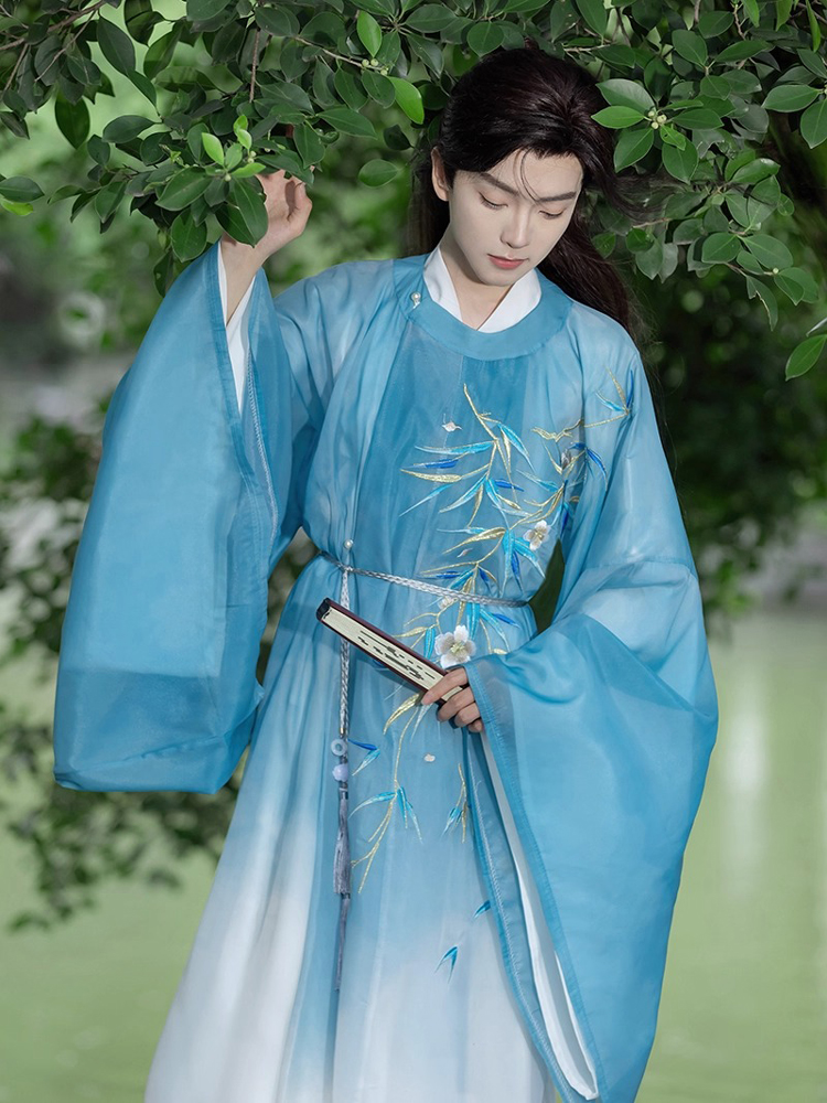 Men Autumn Tang Dynasty Round Collar Robe with Gradient Color Wuxia Style