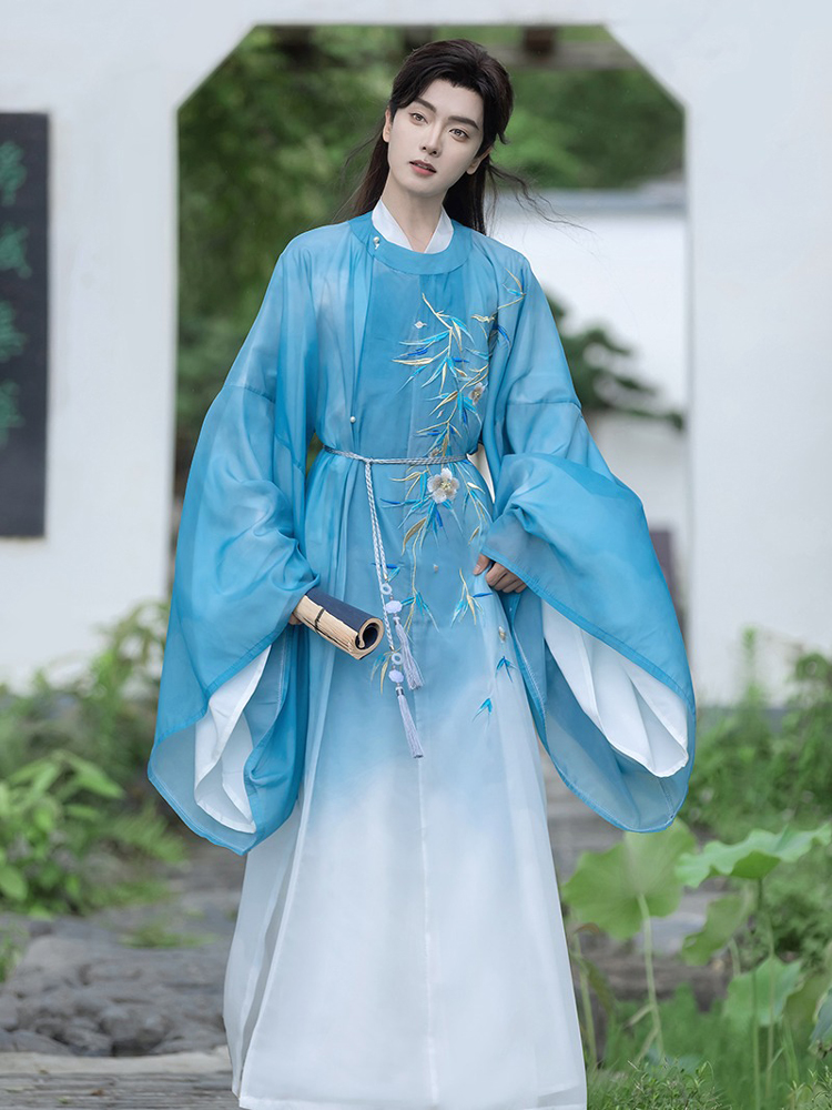 Men Autumn Tang Dynasty Round Collar Robe with Gradient Color Wuxia Style