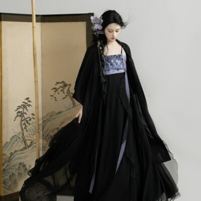 Summer Song Dynasty Women Hanfu Black Dress with Lotus Leaf Theme Fashion Clothing