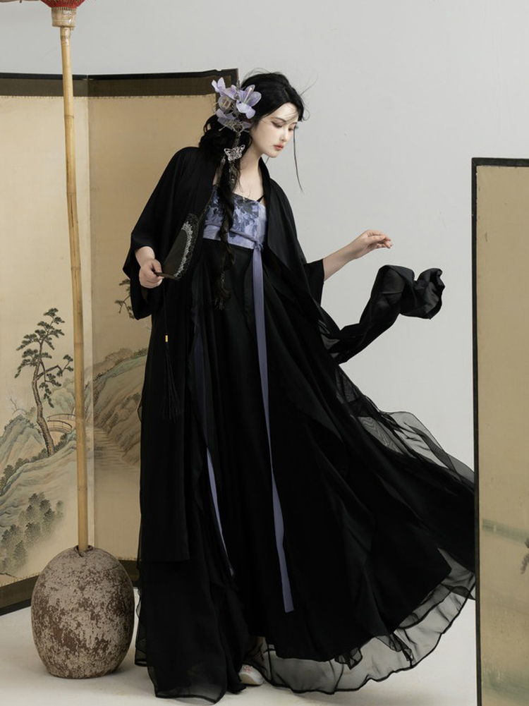 Summer Song Dynasty Women Hanfu Black Dress with Lotus Leaf Theme Fashion Clothing